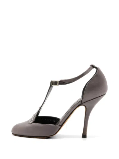 Pre-owned Gina Crystal-embellished T-bar Pumps In Gray