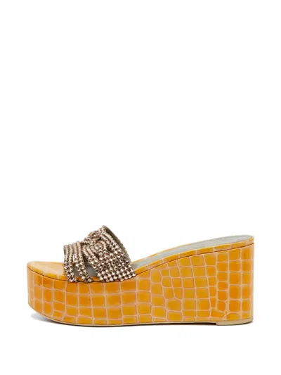 Pre-owned Gina Crystal-studded Croc-embossed Slip-on Wedge Sandals In Yellow