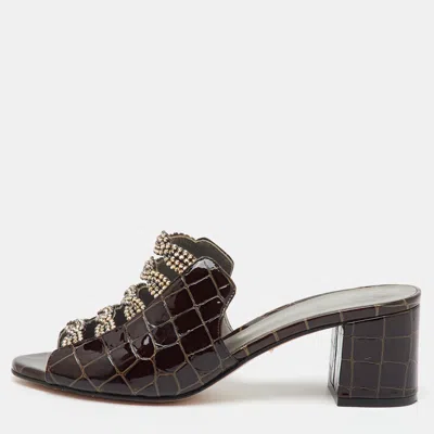 Pre-owned Gina Dark Brown Croc Embossed Patent Leather Crystal Embellished Slide Sandals Size 37