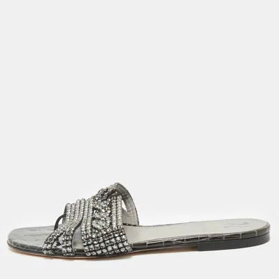 Pre-owned Gina Dark Green Croc Embossed Crystal Embellished Loren Flat Slide Size 39