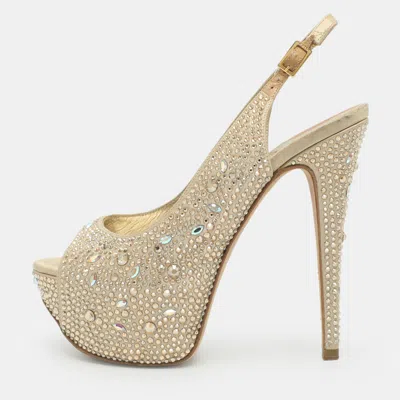 Pre-owned Gina Embellished Size 37.5 Beige Satin Peep Toe Platform Pumps