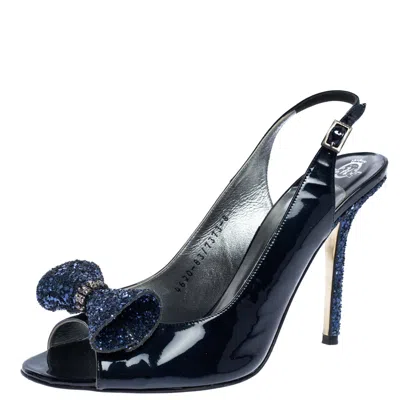 Gina Gine Blue Patent Leather And Glitter Bow Embellished Slingback Open Toe Sandals