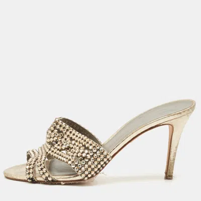 Pre-owned Gina Gold Croc Embossed Leather Crystals Embellished Slide Sandals Size 37