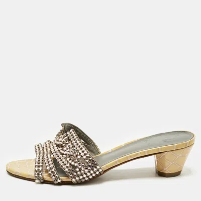 Pre-owned Gina Gold Croc Embossed Patent Leather And Leather Vida Crystals Slide Sandals Size 38.5