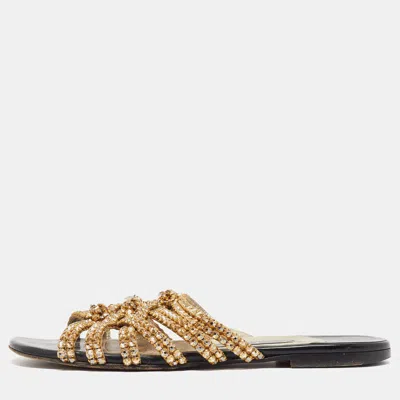 Gina Gold Crystal Embellished Leather Flat Slides