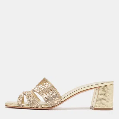Pre-owned Gina Gold Crystal Embellished Leather Slide Sandals Size 39