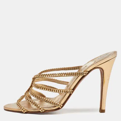Pre-owned Gina Gold Crystal Embellished Leather Strappy Slide Sandals Size 38