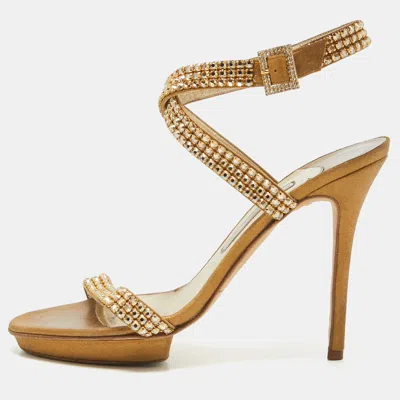 Pre-owned Gina Gold Crystal Embellished Suede Ankle Wrap Sandals Size 39