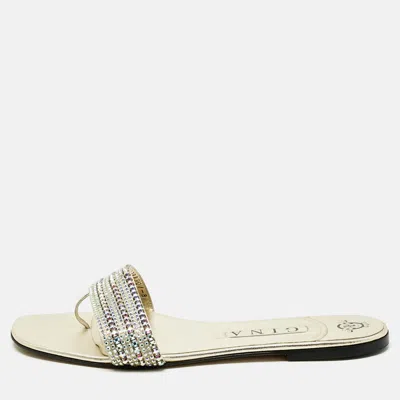 Pre-owned Gina Gold Leather Crystal Embellished Aurora Flat Slides Size 41