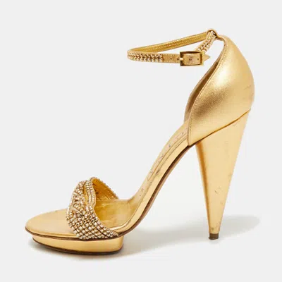 Gina Gold Leather Crystal Embellished Cross Ankle Strap Sandals