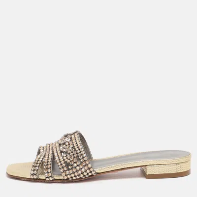 Gina Gold Leather Crystal Embellished Flat Slide Sandals In Brown