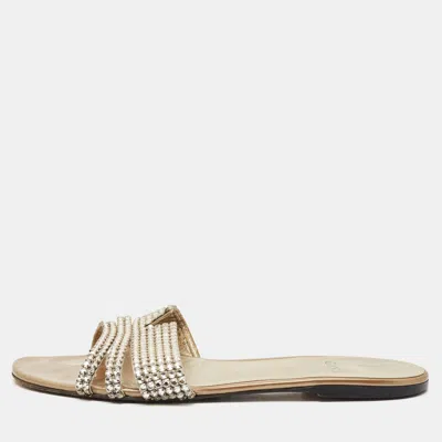 Pre-owned Gina Gold Leather Crystal Embellished Loren Flat Slides Size 41