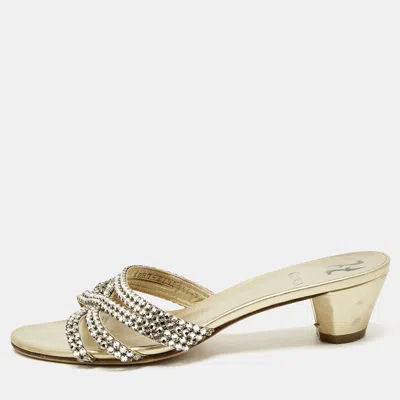 Pre-owned Gina Gold Leather Crystal Embellished Slide Sandals Size 40