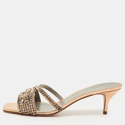 Pre-owned Gina Gold Leather Crystal Embellished Slide Sandals Size 41