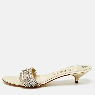Gina Gold Leather Crystals Embellished Sain Slide Sandals