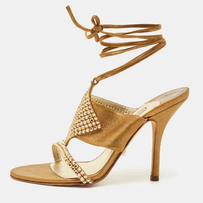 Pre-owned Gina Gold Nubuck Leather Crystal Embellish Ankle Wrap Sandals Size 39