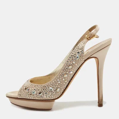 Gina Gold Satin Crystal Embellished Slingback Sandals In Neutral