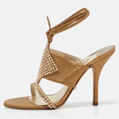 Pre-owned Gina Gold Suede Crystal Embellished Ankle Strap Sandals Size 39
