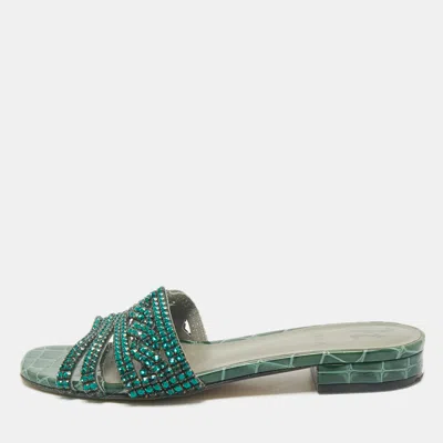 Pre-owned Gina Green Croc Embossed And Patent Leather Visage Slide Sandals Size 38