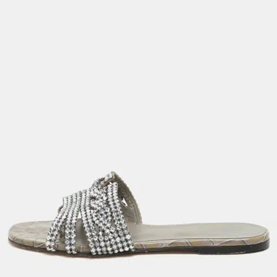 Pre-owned Gina Green Croc Embossed Crystal Embellished Thong Flat Slides Size 38.5