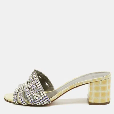Pre-owned Gina Green Croc Embossed Leather Visage Crystal Embellished Slides Sandals Size 38 In Gray