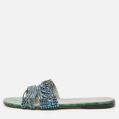 Pre-owned Gina Green Croc Embossed Patent Leather Crystal Embellished Loren Flat Slide Sandals Size 39