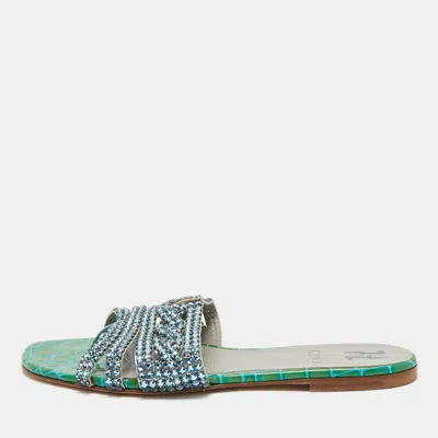 Pre-owned Gina Green Croc Embossed Patent Leather Crystal Embellished Loren Flat Slide Size 38.5