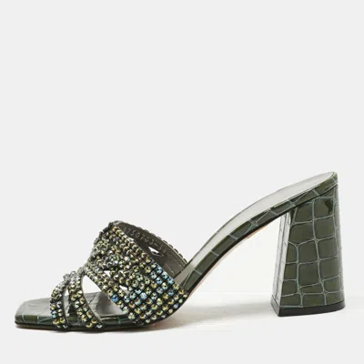 Pre-owned Gina Green Croc Embossed Patent Leather Crystals Embellished Slide Sandals Size 38.5