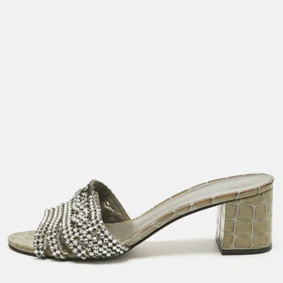 Pre-owned Gina Green Croc Patent Leather Crystal Embellished Slides Sandals Size 38.5 In White