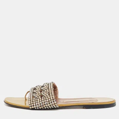 Gina Green Crystal Embellished Leather Flat Slides In Neutral