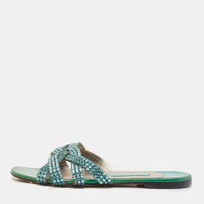 Gina Green Crystals And Leather Slide Sandals