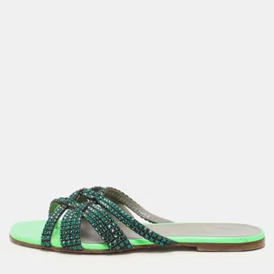 Gina Green Leather Crystal Embellished Flat Slides