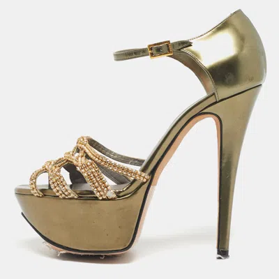 Gina Green Patent Leather Crystal Embellished Ankle Strap Platform Sandals
