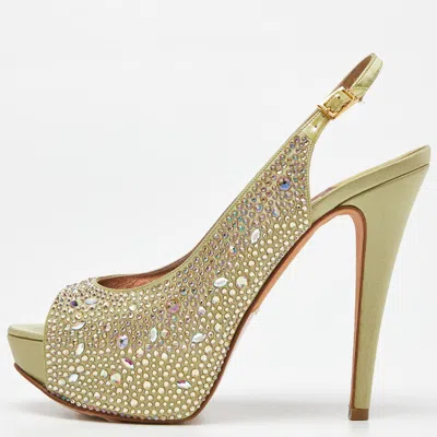 Pre-owned Gina Green Satin Crystal Embellished Platform Sandals Size 39