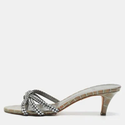Pre-owned Gina Grey Croc Embossed Patent Leather Crystal Embellished Slide Sandals Size 39