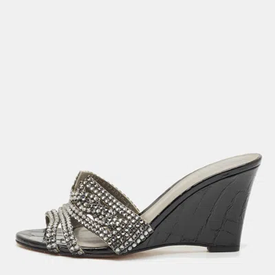 Pre-owned Gina Grey Crystal Embellished Leather Syracuse Wedge Sandals Size 38.5 In Gray