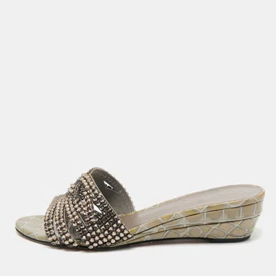 Pre-owned Gina Grey Leather Crystal Embellished Daphne Slide Sandals Size 38.5