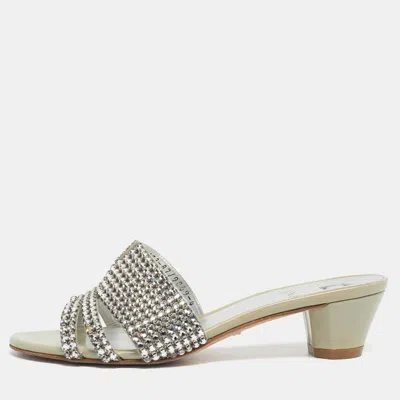Pre-owned Gina Grey Leather Galaxy Crystals Slide Sandals Size 37 In Gray