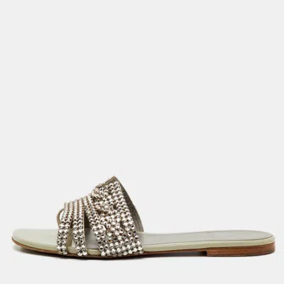 Pre-owned Gina Grey Leather Loren Crystal Embellished Flat Slide Sandals Size 39 In Gray