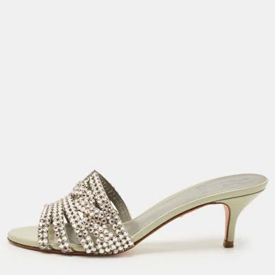Pre-owned Gina Grey Patent Leather Crystal Embellished Slide Sandals Size 36.5 In Gray