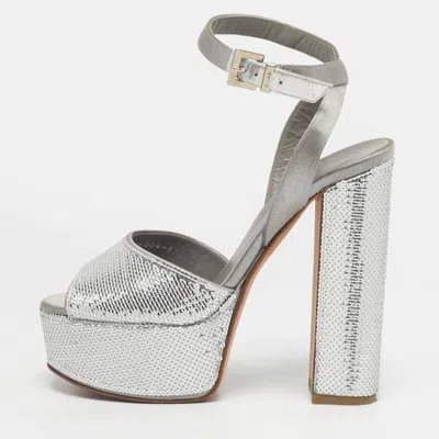 Pre-owned Gina Grey Satin And Sequins Platform Ankle Strap Sandals Size 36.5 In Gray