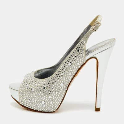 Gina Grey Satin Crystal Embellished Peep Toe Slingback Platform Sandals In Gray