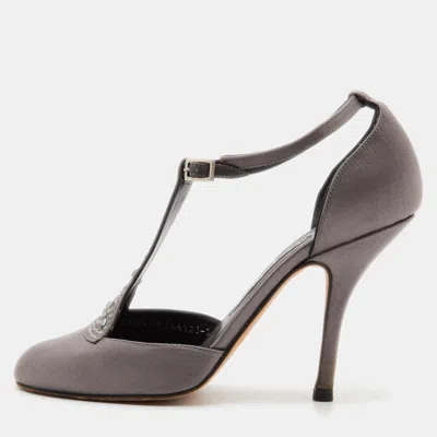 Gina Grey Satin Crystal Embellished T-bar Ankle Strap Pumps In Gray