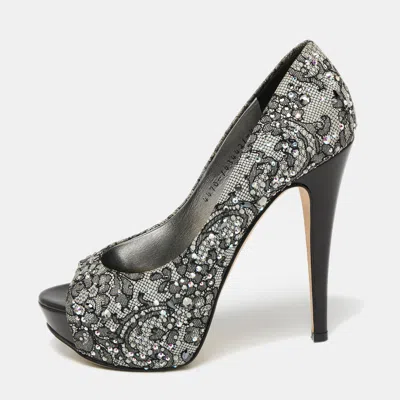 Gina Grey/black Lace Crystal Embellished Open Peep Platform Pumps