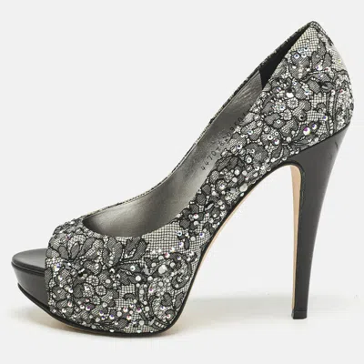 Pre-owned Gina Grey/black Lace Crystal Embellished Open Toe Platform Pumps Size 39