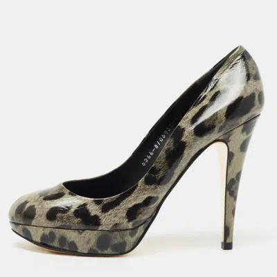 Pre-owned Gina Grey/black Leopard Print Patent Leather Platform Pumps Size 39.5