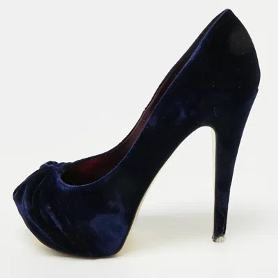 Pre-owned Gina Jenna Size 39 Navy Blue Velvet Platform Pumps