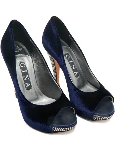 Pre-owned Gina Jenna Velvet Platform Pumps In Blue
