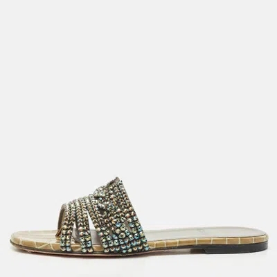 Pre-owned Gina Khaki Leather Crystal Embellished Loren Thong Flats Size 37