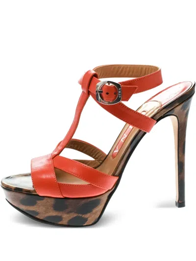 Pre-owned Gina Leopard Platform Leather Sandals In Orange